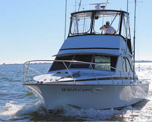 Charter boat Wild Card from front view.